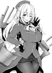 Rule 34 | 1girl, atago (kancolle), bad id, bad twitter id, beret, blue gk, blush, breasts, fur collar, gloves, greyscale, hair between eyes, hat, highres, hip focus, inactive account, kantai collection, large breasts, long hair, looking at viewer, military, military uniform, monochrome, neck ribbon, one eye closed, open mouth, pantyhose, ribbon, rigging, simple background, skirt, smile, solo, thighs, uniform, waving, white background