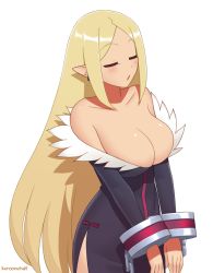 Rule 34 | 1girl, bare shoulders, black dress, blonde hair, breasts, character request, cleavage, closed eyes, commentary request, cuffs, disgaea, dress, from side, healer (disgaea), huge breasts, kuroonehalf, long hair, long sleeves, makai senki disgaea, off shoulder, parted bangs, parted lips, pointy ears, signature, simple background, solo, standing, very long hair, white background