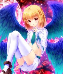 Rule 34 | 1boy, bad id, bad pixiv id, beatmania, beatmania iidx, blonde hair, blush, looking at viewer, male focus, mary janes, midriff, multiple wings, necktie, open mouth, rche (beatmania), red eyes, riko (kujira215), shoes, short hair, shorts, smile, solo, thighhighs, trap, white thighhighs, wings