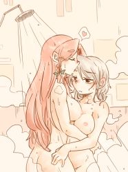 Rule 34 | 2girls, ass, bad id, bad pixiv id, breasts, eyebrows, female focus, heart, height difference, hong meiling, izayoi sakuya, kiss, kissing forehead, large breasts, long hair, multiple girls, nipples, nude, ponke, same-sex bathing, shared bathing, showering, spoken heart, thick eyebrows, touhou, yuri