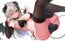 Rule 34 | 1girl, ass, bikini, black bikini, black gloves, black thighhighs, blush, breasts, closed mouth, commission, crossed legs, demon girl, demon horns, demon tail, demon wings, elbow gloves, gloves, highres, horns, large breasts, long hair, looking at viewer, mole, mole on breast, nail polish, one eye closed, original, pointy ears, side-tie bikini bottom, simple background, skeb commission, smile, solo, suruga (xsurugax), swimsuit, tail, tail censor, thighhighs, tongue, tongue out, underboob, white background, wings