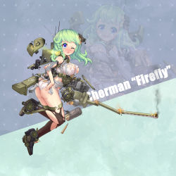 Rule 34 | 1girl, ass, blue eyes, blush, boots, braid, breasts, brown thighhighs, bullet, cannon, caterpillar tracks, character name, damaged, detached sleeves, dress, green eyes, green hair, gun, hair ornament, highres, lights, long hair, looking at viewer, machine gun, machinery, mechanical arms, military, military uniform, military vehicle, motor vehicle, one eye closed, original, panties, personification, sherman firefly, shovel, side braid, single mechanical arm, sirills, solo, tank, thighhighs, torn clothes, torn thighhighs, turret, underwear, uniform, weapon, white panties, worktool, zoom layer