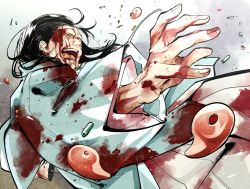 Rule 34 | black hair, blood, blood on clothes, blood on face, dynamic pose, facial hair, fate/grand order, fate (series), fighting stance, foreshortening, goatee, hair slicked back, haori, highres, hinoya, holding, holding sword, holding weapon, injury, japanese clothes, katana, kimono, long hair, male focus, serizawa kamo (fate), sideburns, simple background, solo, sword, weapon, white kimono, wide sleeves