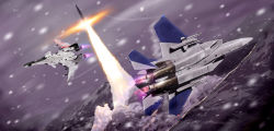 Rule 34 | ace combat, ace combat zero, adfx-02 morgan, afterburner, aircraft, airplane, bad id, bad pixiv id, battle, canards, cipher (ace combat), cipher (ace combat zero), f-15, f-15 eagle, fighter jet, ganzyu i, hill, jet, larry foulke, launch, military, military vehicle, missile, no humans, prototype design, realistic, science fiction, sky, smoke, snow, vehicle focus