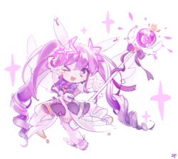 Rule 34 | &gt; o, 1girl, aisha landar, dress, drill hair, elsword, full body, gold trim, holding, holding staff, long hair, lowres, metamorphy (elsword), one eye closed, open mouth, purple dress, purple eyes, purple hair, simple background, smile, solo, sp els master, staff, thighhighs, twin drills, twintails, very long hair, white background, white thighhighs