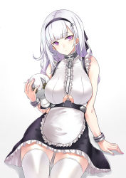 Rule 34 | 1girl, apron, asya, azur lane, bare shoulders, black hairband, blush, breasts, character doll, cleavage cutout, clothing cutout, dido (azur lane), earrings, frills, hairband, highres, jewelry, large breasts, long hair, looking at viewer, maid, purple eyes, sleeveless, solo, thighhighs, underboob, underboob cutout, waist apron, white apron, white hair, white thighhighs