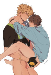 2boys anal arms_around_neck bar_censor black_gloves blonde_hair blue_shirt bottomless brown_hair censored closed_eyes eiden_(nu_carnival) fingerless_gloves gem gloves highres jaksam05 jewelry male_focus male_penetrated multiple_boys nu_carnival open_mouth orange_eyes quincy_(nu_carnival) sex shirt simple_background suspended_congress tongue tongue_out white_background yaoi