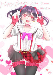 Rule 34 | 1girl, absurdres, artist name, artist request, black bow, black hair, black skirt, blouse, blush, bokura wa ima no naka de, bow, bowtie, breasts, center frills, checkered clothes, checkered skirt, choker, collar, collarbone, double m/, dress shirt, earrings, female focus, fingerless gloves, flat chest, frilled collar, frilled shirt, frilled shirt collar, frilled skirt, frills, gloves, hair between eyes, hair bow, hair ribbon, heart, highres, jewelry, layered skirt, long hair, looking at viewer, love live!, love live! school idol project, midriff, miniskirt, navel, neck garter, neckerchief, parted lips, pink bow, pink neckwear, plaid, plaid skirt, pleated, pleated skirt, puffy short sleeves, puffy sleeves, red bow, red detached collar, red eyes, red gloves, red skirt, ribbon, ribbon choker, shirt, short hair, short sleeves, short twintails, skirt, small breasts, smile, solo, suspender skirt, suspenders, twintails, two-tone skirt, white background, white detached collar, white shirt, yazawa nico