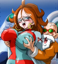 Rule 34 | 1boy, 1girl, age difference, android 21, bald, beard, blue eyes, blush, grabbing another&#039;s breast, breasts, clothes, dragon ball, dragon ball fighterz, ear piercing, earrings, facial hair, game cg, glasses, grabbing, grabbing from behind, hetero, highres, hoop earrings, huge breasts, indoors, jewelry, lab coat, long hair, looking at viewer, missing tooth, molestation, mustache, muten roushi, old, old man, older man and younger girl, open mouth, orange hair, piercing, red ribbon army, standing, sunglasses, sweat, sweatdrop, white facial hair, yamamoto doujin