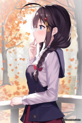 Rule 34 | 1girl, absurdres, ahoge, autumn leaves, black vest, blue eyes, braid, commentary request, falling leaves, finger to mouth, from side, hair flaps, hair over shoulder, highres, himura moritaka, huge ahoge, kantai collection, leaf, long sleeves, looking ahead, official alternate costume, outdoors, red skirt, sailor collar, shigure (kancolle), shigure kai ni (kancolle), shirt, single braid, skirt, sky, solo, tree, twitter username, vest, white sailor collar, white shirt