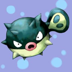 Rule 34 | black eyes, commentary, creatures (company), d:, english commentary, fins, fish, frown, full body, game freak, gen 2 pokemon, nintendo, no humans, open mouth, pokemon, pokemon (creature), puffer fish, purple background, qwilfish, sailorclef, solo, spikes