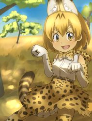Rule 34 | 10s, 1girl, :d, animal ears, bare shoulders, blue sky, bob cut, bow, bowtie, breasts, commentary request, cross-laced clothes, dappled sunlight, day, elbow gloves, gloves, hair between eyes, hands up, high-waist skirt, highres, kemono friends, looking at viewer, open mouth, orange bow, orange bowtie, orange eyes, orange gloves, orange hair, orange skirt, orange thighhighs, outdoors, parted bangs, paw pose, print bow, print bowtie, print gloves, print neckwear, print skirt, print thighhighs, savannah, serval (kemono friends), serval print, serval tail, shirt, short hair, skirt, sky, sleeveless, sleeveless shirt, small breasts, smile, solo, sunlight, tail, thighhighs, thin (suzuneya), tree, v-shaped eyebrows, white shirt