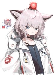 Rule 34 | 1girl, absurdres, animal ear fluff, animal ears, arknights, arms at sides, black choker, black jacket, choker, closed mouth, coat, commentary request, copyright notice, expressionless, fox ears, grey eyes, grey hair, highres, hood, hood down, ic (iccccccccc81), jacket, light, looking at viewer, material growth, name tag, object on head, official art inset, open clothes, open coat, oripathy lesion (arknights), rotating light, short hair, simple background, solo, sussurro (arknights), upper body, white background, white coat, zipper