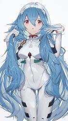 Rule 34 | 1girl, absurdres, ayanami rei, blue hair, bodysuit, breasts, commentary request, evangelion: 3.0+1.0 thrice upon a time, gloves, hair between eyes, hair ornament, highres, holding, holding hair, interface headset, long hair, long sleeves, looking at viewer, medium breasts, neon genesis evangelion, open mouth, plugsuit, rebuild of evangelion, red eyes, ryes 8, shiny clothes, sidelocks, simple background, skin tight, solo, standing, very long hair, white background, white bodysuit