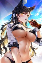 Rule 34 | 1girl, alternate costume, animal ear fluff, animal ears, arms under breasts, atago (azur lane), atago (stunning speedster) (azur lane), azur lane, bikini, black bikini, blue sky, blush, bottle, breasts, brown eyes, brown hair, cleavage, clothes writing, cloud, coca-cola, cola, cowboy shot, day, gijang, groin, hair ribbon, highres, holding, holding bottle, large breasts, long hair, long sleeves, looking at viewer, mole, mole under eye, navel, open mouth, outdoors, race queen, ribbon, shrug (clothing), sidelocks, simple background, skindentation, sky, smile, solo, sparkle, stomach, swimsuit, underboob, wet, white background