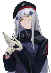Rule 34 | 1girl, absurdres, beret, facial mark, film grain, girls&#039; frontline, glove pull, gloves, grin, hair ornament, hat, highres, hk416 (girls&#039; frontline), huge filesize, jacket, long hair, long sleeves, looking at viewer, mikai 2035, silver hair, simple background, smile, solo, standing, teardrop, upper body, very long hair, white background, yellow eyes