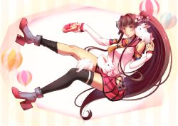 Rule 34 | 1girl, animal, bare shoulders, black thighhighs, breasts, brown eyes, brown hair, detached sleeves, flower, food, hair flower, hair intakes, hair ornament, headgear, high heels, hip vent, holding, holding food, kantai collection, large breasts, liking, long hair, miniskirt, pleated skirt, ponytail, rabbit, red skirt, rudder footwear, single thighhigh, skirt, solo, thighhighs, very long hair, yamato (kancolle), z-flag