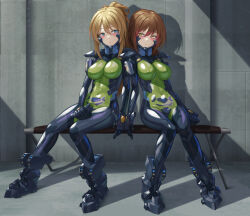 Rule 34 | 2girls, armored bodysuit, bench, blonde hair, blue bodysuit, blue eyes, blush, bodysuit, breasts, brown hair, covered erect nipples, covered navel, fortified suit, green bodysuit, headgear, highres, impossible bodysuit, impossible clothes, kurione (zassou), large breasts, leaning on person, long hair, looking at another, multiple girls, muv-luv, muv-luv alternative, original, ponytail, shiny clothes, sitting, two-tone bodysuit, yellow eyes, yuri