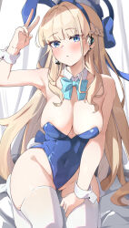 Rule 34 | 1girl, animal ears, aqua bow, aqua bowtie, band (skymole01), bare arms, bare shoulders, blonde hair, blue archive, blue eyes, blue hairband, blue leotard, blush, bow, bowtie, breasts, cleavage, closed mouth, covered navel, detached collar, fake animal ears, hairband, halo, hand up, highres, kneeling, large breasts, leotard, looking at viewer, playboy bunny, rabbit ears, solo, thighhighs, thighs, toki (blue archive), toki (bunny) (blue archive), v, white thighhighs, wrist cuffs