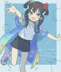 Rule 34 | 1girl, :d, black hair, black shorts, blue eyes, blue footwear, blue ribbon, blush, collarbone, commentary, copyright request, feet out of frame, flower, hair flower, hair ornament, hair ribbon, highres, jacket, jigatei (omijin), long hair, open clothes, open jacket, open mouth, polka dot, polka dot footwear, polka dot ribbon, red flower, ribbon, shirt, shoes, short eyebrows, short shorts, short sleeves, shorts, sidelocks, smile, solo, standing, standing on one leg, symbol-only commentary, thick eyebrows, white shirt, wide sleeves