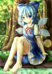 Rule 34 | 1girl, absurdres, barefoot, blue dress, blue eyes, blue hair, bow, cirno, dappled sunlight, dior-zi, dress, forest, hair bow, highres, ice, ice wings, looking at viewer, matching hair/eyes, nature, panties, puffy short sleeves, puffy sleeves, shirt, short sleeves, sitting, smile, soaking feet, solo, striped clothes, striped panties, sunlight, touhou, tree, underwear, upskirt, water, wings