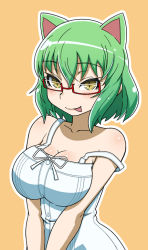 Rule 34 | 10s, 1girl, :p, animal ears, bare arms, bare shoulders, bespectacled, blush, breasts, breasts squeezed together, cat ears, cleavage, collarbone, dress, glasses, green hair, haganemaru kennosuke, hikage (senran kagura), large breasts, looking at viewer, outline, red-framed eyewear, ribbon, semi-rimless eyewear, senran kagura, short hair, simple background, sleeveless, slit pupils, smile, solo, strap slip, sundress, tongue, tongue out, under-rim eyewear, upper body, v arms, white dress, yellow eyes