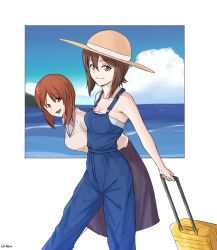 Rule 34 | 2girls, blue overalls, blue sky, bluff260, briefcase, brown eyes, brown hair, brown headwear, casual, closed mouth, cloud, cloudy sky, commentary, day, girls und panzer, hat, highres, holding, horizon, leaning forward, looking at viewer, medium hair, medium skirt, multiple girls, nishizumi maho, nishizumi miho, ocean, open mouth, outdoors, outside border, overalls, purple skirt, shirt, short hair, siblings, sisters, skirt, sky, smile, strapless, strapless shirt, sun hat, v-neck, white shirt