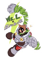 Rule 34 | 1boy, artist name, bandana, blue eyes, brobot, brown hair, character name, clenched hands, eye mask, facial hair, looking at viewer, luigi, male focus, mario (series), mr l, mustache, nintendo, nowitsevenhotter, paper mario, robot, smile, solo, super paper mario, white background