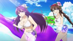 Rule 34 | 10s, 3girls, animated, animated gif, bouncing breasts, breasts, breasts squeezed together, brown hair, cleavage, green eyes, heterochromia, large breasts, long hair, miyabi (senran kagura), multiple girls, murasaki (senran kagura), navel, open mouth, purple eyes, purple hair, running, ryoubi (senran kagura), senran kagura, senran kagura peach beach splash, short hair, small breasts, smile, swimsuit, white hair, yellow eyes