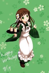 Rule 34 | 1girl, :d, ama usa an uniform, apron, blunt bangs, blush, boots, breasts, brown footwear, brown hair, cherry blossoms, chiizu ore, commentary request, cup, dated, english text, floral background, flower, frilled apron, frills, full body, gochuumon wa usagi desu ka?, green background, green eyes, green kimono, green tea, hair flower, hair ornament, happy birthday, highres, holding, holding tray, japanese clothes, kimono, long hair, long sleeves, looking at viewer, maid apron, open mouth, polka dot trim, ribbon, small breasts, smile, solo, standing, striped clothes, striped kimono, tea, tray, ujimatsu chiya, white apron, white flower, white ribbon, wide sleeves, yunomi