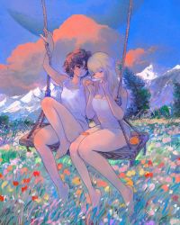 Rule 34 | 2girls, arm up, bare legs, barefoot, black hair, blonde hair, blunt bangs, closed eyes, cloud, cloudy sky, commentary, dress, evening, field, flower, flower field, highres, jewelry, knee up, little thunder, long hair, looking at another, looking to the side, mountain, mountainous horizon, multiple girls, necklace, original, outdoors, parted bangs, scenery, short dress, short hair, sitting, sky, sunset, swing, swinging, symbol-only commentary, tank top, tree, wavy hair