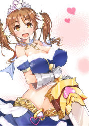 Rule 34 | 10s, 1girl, :d, alternate costume, bare shoulders, blush, breasts, brown eyes, brown hair, cleavage, detached sleeves, gaichi, granblue fantasy, heart, idolmaster, idolmaster cinderella girls, jewelry, large breasts, looking at viewer, open mouth, short hair, skirt, smile, solo, sword, tiara, totoki airi, twintails, weapon