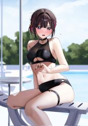 Rule 34 | 1girl, bare arms, bare shoulders, bikini, black bikini, black choker, black nails, blurry, blurry background, blush, breasts, chigusa minori, choker, commentary request, corrupted twitter file, hair ornament, hairclip, highres, large breasts, multicolored hair, nail polish, navel, outdoors, parted lips, purple eyes, purple hair, shino to ren, shirayuki ren, short hair, sitting, solo, swimsuit, thigh strap, thighs