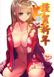Rule 34 | 10s, 1girl, absurdres, ahoge, alternate costume, alternate hairstyle, blonde hair, breasts, cleavage, closed mouth, collarbone, commentary request, fate/extra, fate (series), floral print, green eyes, groin, hair down, hair intakes, head tilt, highres, japanese clothes, kimono, large breasts, long hair, looking at viewer, naked kimono, navel, nero claudius (fate), nero claudius (fate) (all), nero claudius (fate/extra), open clothes, open kimono, pink lips, seiza, sitting, smile, solo, stomach, torimahera, white background
