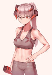 Rule 34 | 1girl, arknights, bare arms, bare shoulders, breasts, cleavage, collarbone, commentary, cowboy shot, crop top, grey background, highres, holding, horns, looking at viewer, medium breasts, midriff, navel, parted lips, ponytail, saria (arknights), short hair, short ponytail, siguya, silver hair, simple background, solo, sports bra, standing, stomach, sweat, yellow eyes