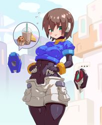 Rule 34 | ..., 1girl, absurdres, aile (mega man zx), black bodysuit, blue jacket, blush stickers, bodysuit, breasts, brown hair, bubble tea, cheesecake, cropped jacket, food, gd. fengzi, green eyes, highres, jacket, mega man (series), mega man zx, model x (mega man), model z (mega man), muffin, short hair, short sleeves, shorts, small breasts, speech bubble, white shorts