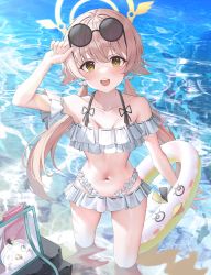 Rule 34 | arm ribbon, bikini, blue archive, breasts, frilled bikini, frills, halo, hifumi (blue archive), hifumi (swimsuit) (blue archive), highres, innertube, light brown hair, long hair, low twintails, navel, ocean, omul, open mouth, partially submerged, peroro (blue archive), reflection, reflective water, ribbon, small breasts, solo, sunglasses, swim ring, swimsuit, twintails, white bikini, wing hair ornament, yellow eyes