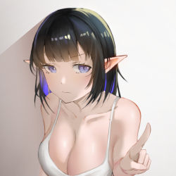 Rule 34 | 1girl, arknights, bare shoulders, black hair, blue eyes, blue hair, breasts, camisole, cleavage, collarbone, commentary request, eunectes (arknights), eunectes (forgemaster) (arknights), grey background, halu u, large breasts, looking at viewer, multicolored hair, official alternate costume, pointing, pointy ears, short hair, solo, spaghetti strap, upper body