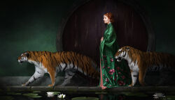 Rule 34 | 1girl, animal, character request, copyright request, dress, floral print, flower, fur, green dress, highres, kat rinn, lily pad, lotus, orange hair, river, signature, tiger