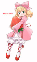 Rule 34 | 00s, 1girl, :d, blonde hair, blush, bow, drill hair, food, fruit, german text, green eyes, hair bow, hinaichigo, holding, holding food, holding fruit, long sleeves, looking at viewer, mizumoto tadashi, name connection, object namesake, open mouth, oversized food, oversized object, pink bow, rozen maiden, simple background, smile, solo, strawberry, white background