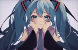 Rule 34 | 1girl, black sleeves, blue eyes, blue hair, blue necktie, commentary request, detached sleeves, hands on own cheeks, hands on own face, hatsune miku, highres, long hair, looking at viewer, natsuno meme, necktie, solo, twintails, vocaloid, wide sleeves