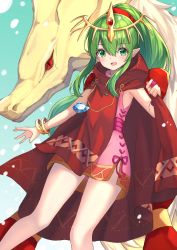 Rule 34 | 1girl, bare legs, blush, bracelet, cape, commentary, cowboy shot, dragon, dress, fire emblem, fire emblem: mystery of the emblem, gradient background, green eyes, green hair, hako momiji, highres, jewelry, long hair, looking at viewer, multiple persona, nintendo, open mouth, pink dress, pointy ears, ponytail, red cape, short dress, side slit, sleeveless, sleeveless dress, smile, solo, thighs, tiara, tiki (fire emblem), tiki (young) (fire emblem)