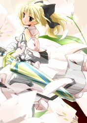 Rule 34 | 1girl, ahoge, armor, armored dress, artoria pendragon (fate), avalon (fate/stay night), bare shoulders, blonde hair, bow, caliburn (fate), capcom, detached sleeves, dress, fate/stay night, fate/unlimited codes, fate (series), flower, gauntlets, green eyes, hair bow, ponytail, saber (fate), saber lily, sheath, solo, soutsuki naru, sword, unsheathing, weapon