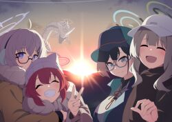 Rule 34 | 1other, 4girls, animal ear headwear, aqua-framed eyewear, baseball cap, beanie, binah (blue archive), black scarf, blue archive, blue halo, chihiro (blue archive), chihiro (camp) (blue archive), closed eyes, fake animal ears, gesugesu ahoaho, green halo, green jacket, grey headwear, halo, hare (blue archive), hare (camp) (blue archive), hat, hood, hooded jacket, jacket, kotama (blue archive), kotama (camp) (blue archive), maki (blue archive), maki (camp) (blue archive), multiple girls, official alternate costume, official alternate hairstyle, red hair, red halo, red sweater vest, scarf, smile, sunrise, sweater vest, v, veritas (blue archive), white headwear