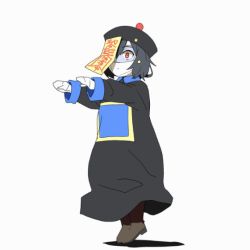 Rule 34 | 1girl, alternate costume, animated, animated gif, bandages, black hair, chinese clothes, chinese text, commentary, full body, hair ornament, hopping, jiangshi, mizuno ai, ofuda, onsen tamago (hs egg), outstretched arms, red eyes, short hair, simple background, solo, ugoira, white background, zombie, zombie land saga, zombie pose