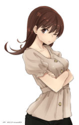 Rule 34 | 1girl, ;(, absurdres, alternate costume, breasts, brown eyes, brown hair, buttons, character name, cleavage, cowboy shot, crossed arms, dated, highres, kantai collection, long hair, looking at viewer, medium breasts, one eye closed, ooi (kancolle), pout, puffy short sleeves, puffy sleeves, short sleeves, simple background, solo, standing, timato, twitter username, white background