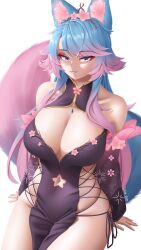 Rule 34 | 1girl, absurdres, animal ears, bare shoulders, black dress, black kimono, blue eyes, blue hair, breasts, cleavage, clothing cutout, dress, fangs, floral print, floral print kimono, fluffy, grin, highres, indie virtual youtuber, japanese clothes, kimono, large breasts, long hair, long sleeves, looking at viewer, multicolored hair, navel cutout, pink hair, silvervale, silvervale (sakura goddess), sitting, smile, swept bangs, tail, takie arts, thick thighs, thighs, tight clothes, very long hair, virtual youtuber, white background, wolf ears, wolf girl, wolf tail