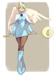 Rule 34 | 1girl, angel wings, blonde hair, blue eyes, blue footwear, boots, breasts, breath of fire, breath of fire iv, brooch, capcom, closed mouth, commentary request, dress, full body, hairband, highres, jewelry, knee boots, looking at viewer, nina (breath of fire iv), pantyhose, short hair, solo, very short hair, vins-mousseux, wings