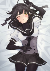 Rule 34 | 1girl, arm up, bed sheet, black bodysuit, black hair, black headband, black neckerchief, black sailor collar, black skirt, blush, bodysuit, breasts, brown eyes, commentary request, hachimaki, hair flaps, hatsuzuki (kancolle), headband, kantai collection, looking at viewer, lying, medium breasts, neckerchief, on back, one eye closed, parted lips, pleated skirt, sailor collar, skirt, solo, waco