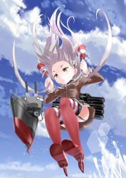 Rule 34 | 10s, 1girl, aircraft, airplane, amatsukaze (kancolle), bad id, bad pixiv id, brown eyes, cloud, cloudy sky, contrail, day, dress, highres, hoshi umi, kantai collection, personification, rensouhou-kun, sailor dress, short dress, sky, turret, twintails, two side up, white hair